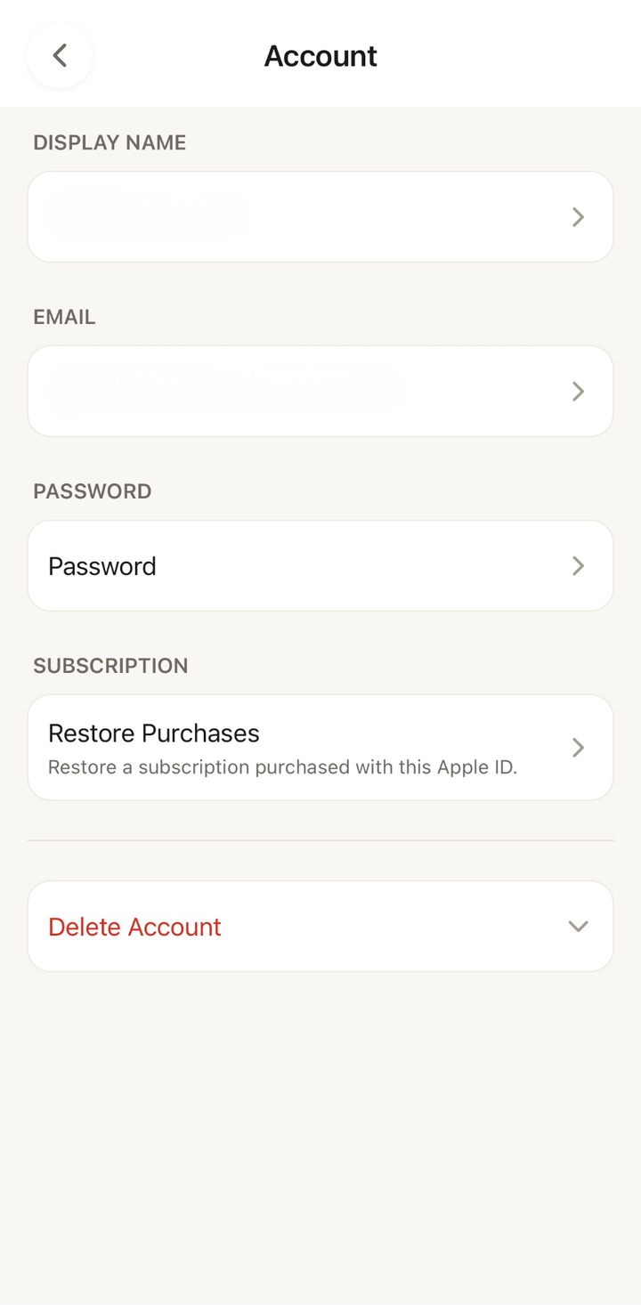 Account screen showing display name, email, and password options