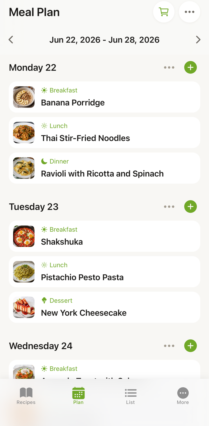 A copied week showing the same meal plan as the source week, with one recipe being swapped