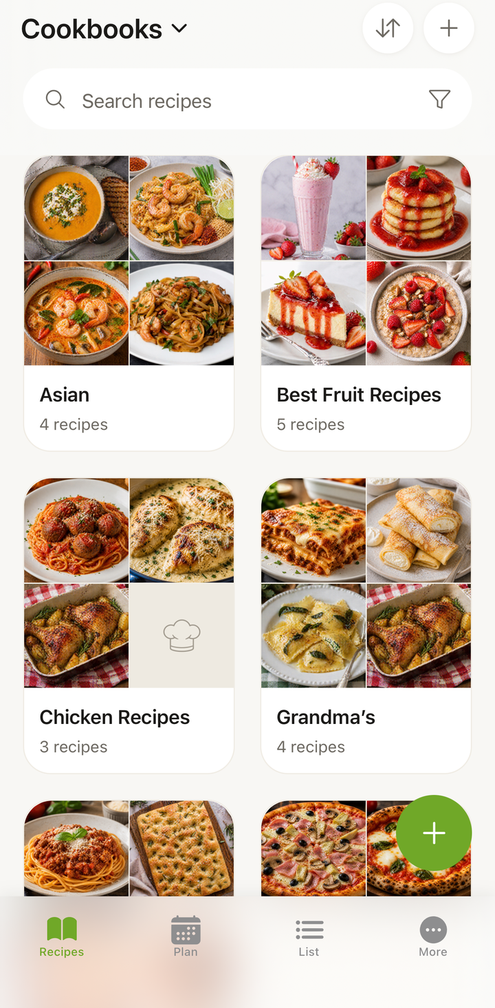 Home screen showing the four main tabs — Recipes, Plan, List, and More