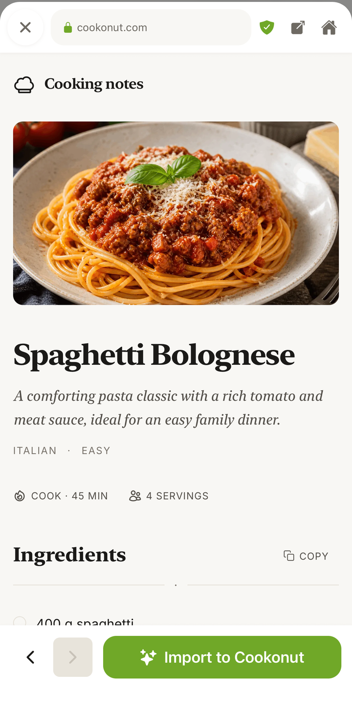 In-app browser showing a recipe page with the import/save button highlighted in the toolbar