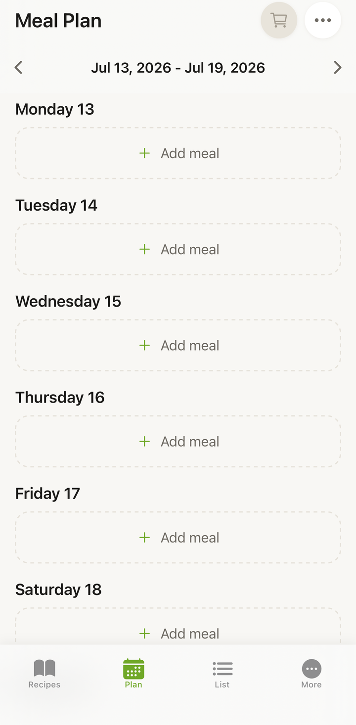 Plan tab showing a week view with empty and filled meal slots for each day