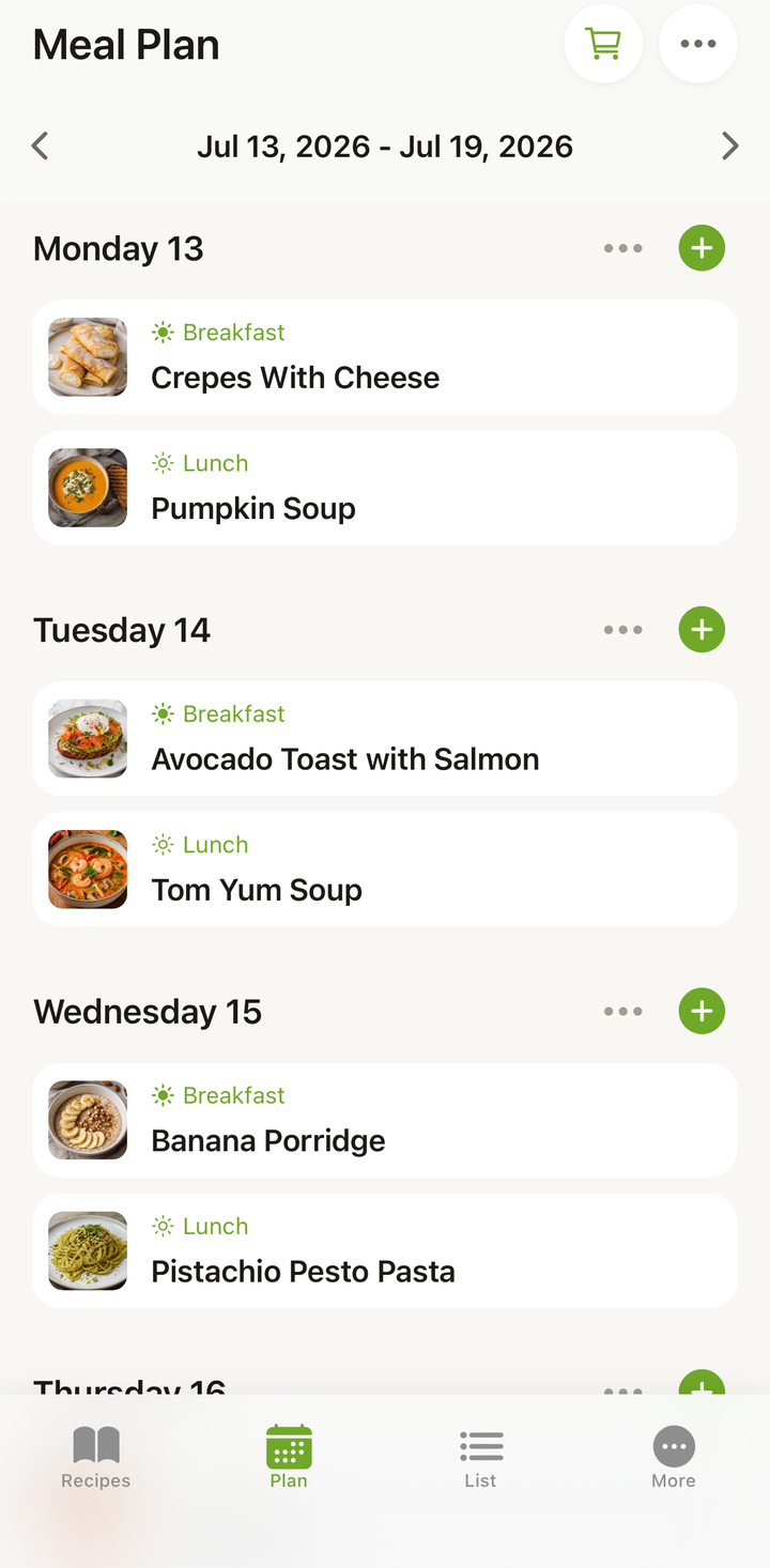 Meal planner showing a week of planned meals