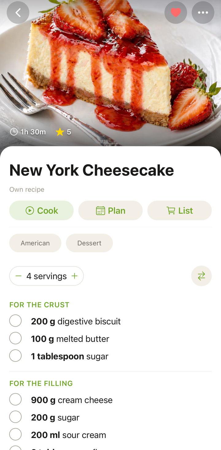 Recipe view showing the serving scaler with +/- buttons and updated ingredient quantities