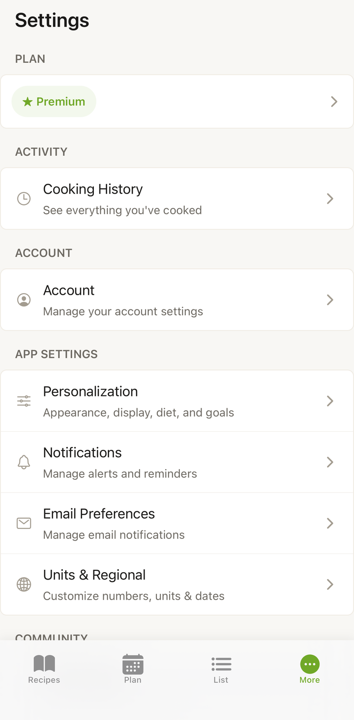 More tab showing the main settings categories